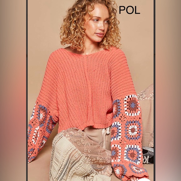 72. 🔥 POL Coral V-Neck Oversized Sweater Hoodie with Granny Square Sleeves - Picture 8 of 11